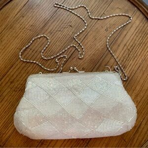 Vtg 90s Beaded Off White Cream Silver Crossbody Evening Bag Bridal Y2K Sparkly